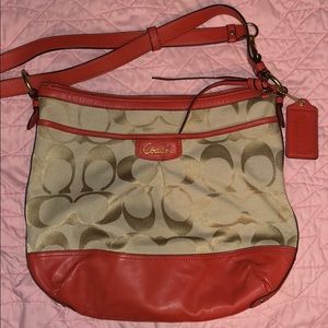 Coach Signature Handbag with Coral Leather